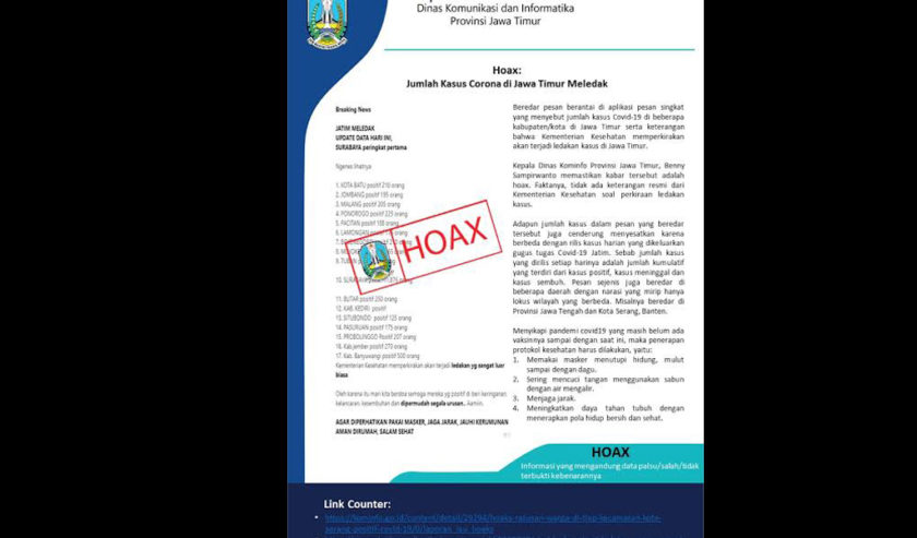 [HOAX] Hoax Pesan Berantai Jumlah Kasus Corona di Jatim Meledak